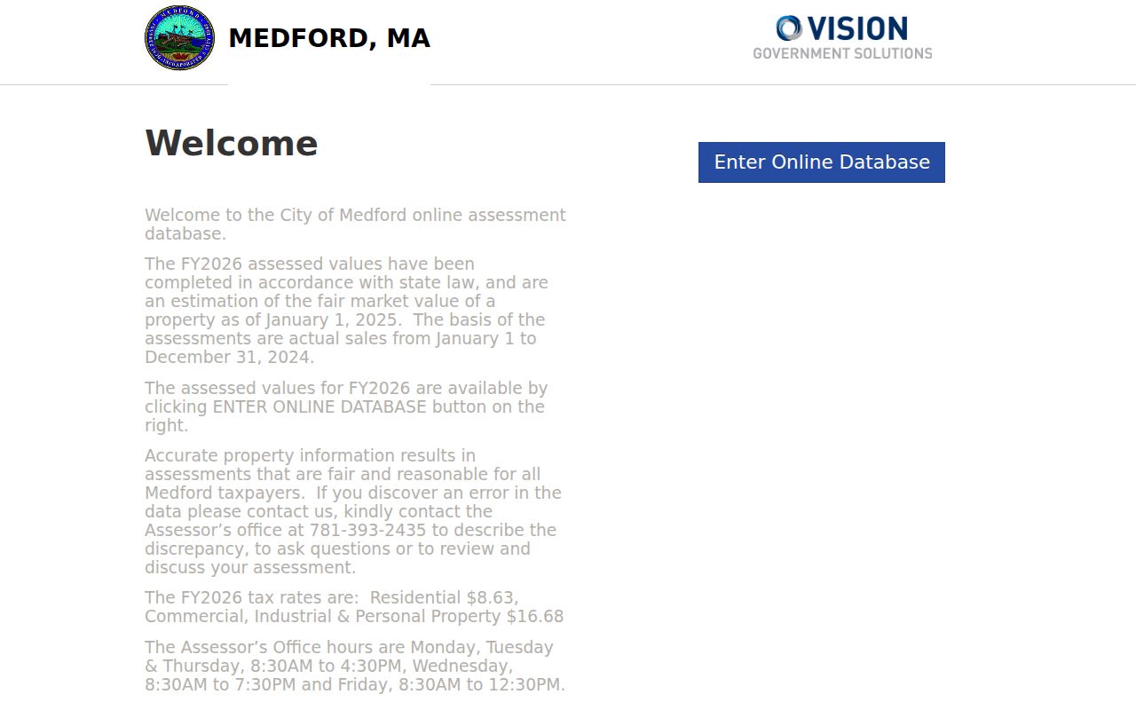 Medford residents directory property search at the Vision assessor portal