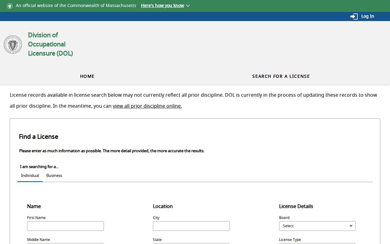 Medford resident lookup image of the Massachusetts occupational-license search interface