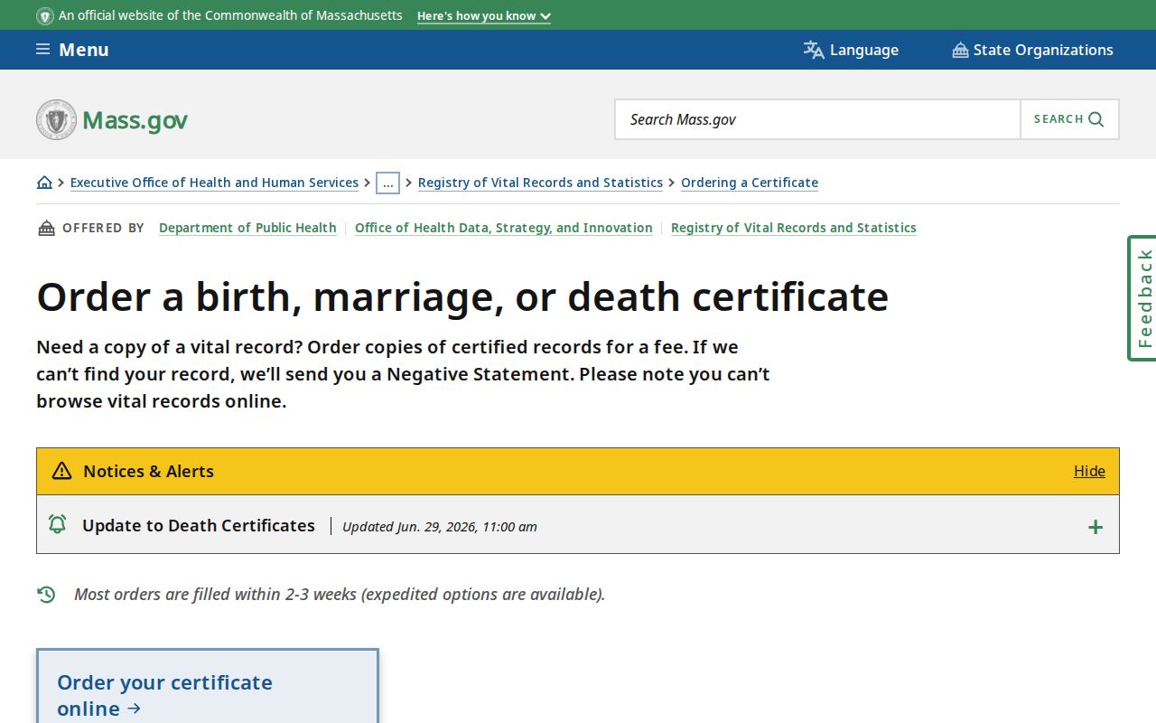 Medford resident lookup image of Massachusetts vital-record certificate ordering information